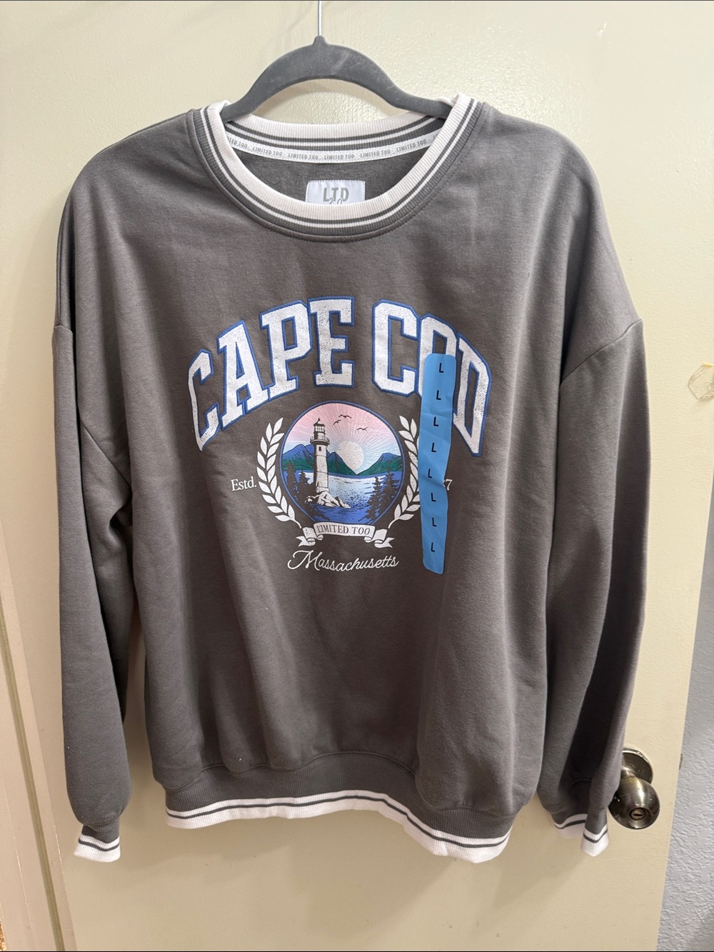 Limited Too Gray Cape Cod Graphic Crewneck Sweater with Blue Accents